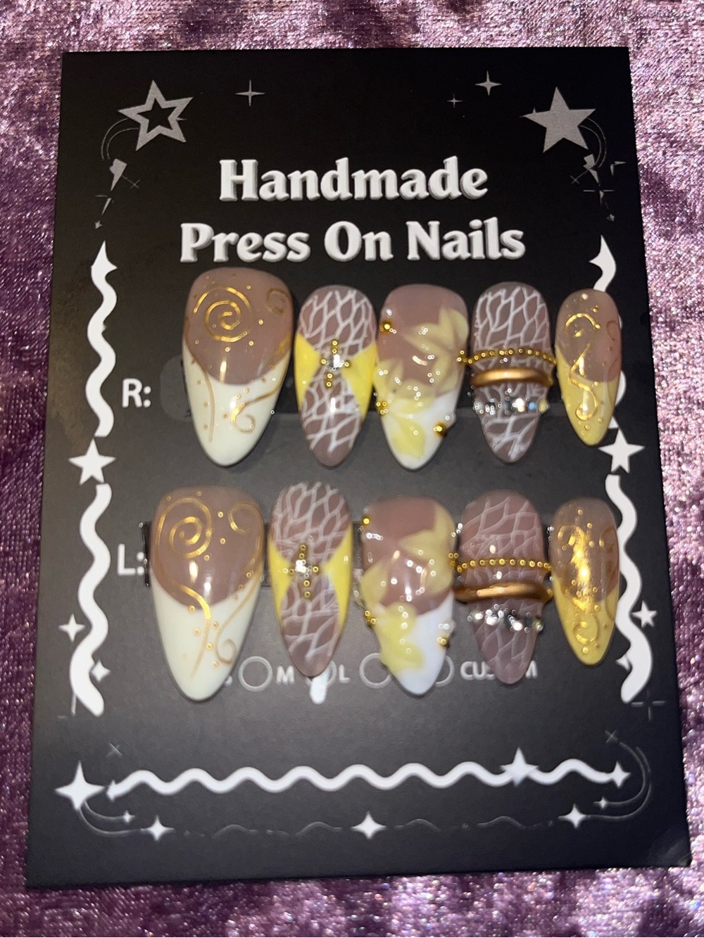 Handmade Press On Nails - Brown, White & Yellow Accent